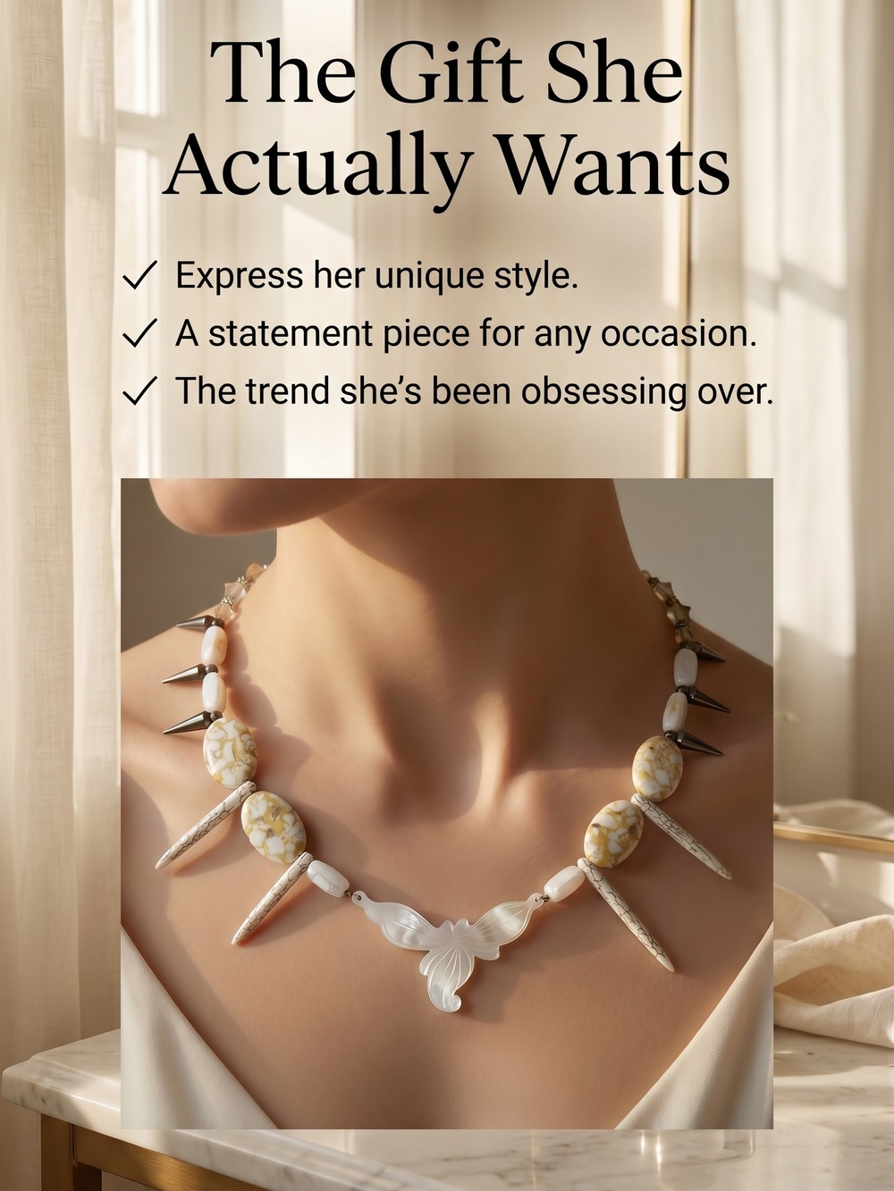 Statement Cream & White Shell Necklace with Marbled Accents
